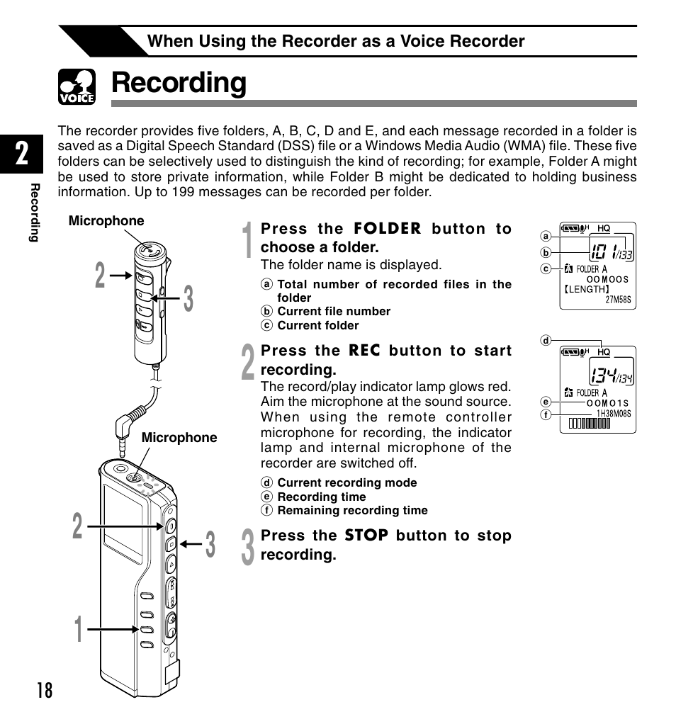 Recording | Olympus DM-20 User Manual | Page 18 / 188