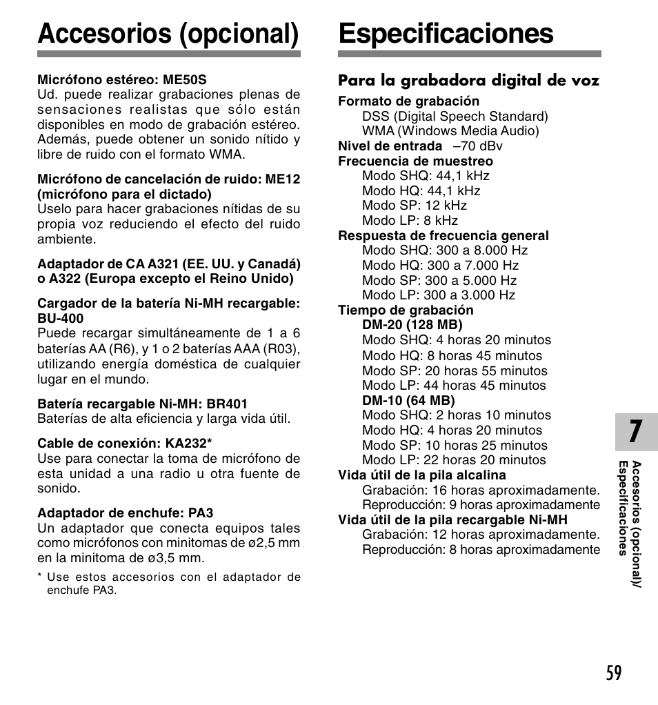 Accesorios (opcional), Especificaciones | Olympus DM-20 User Manual | Page 183 / 188