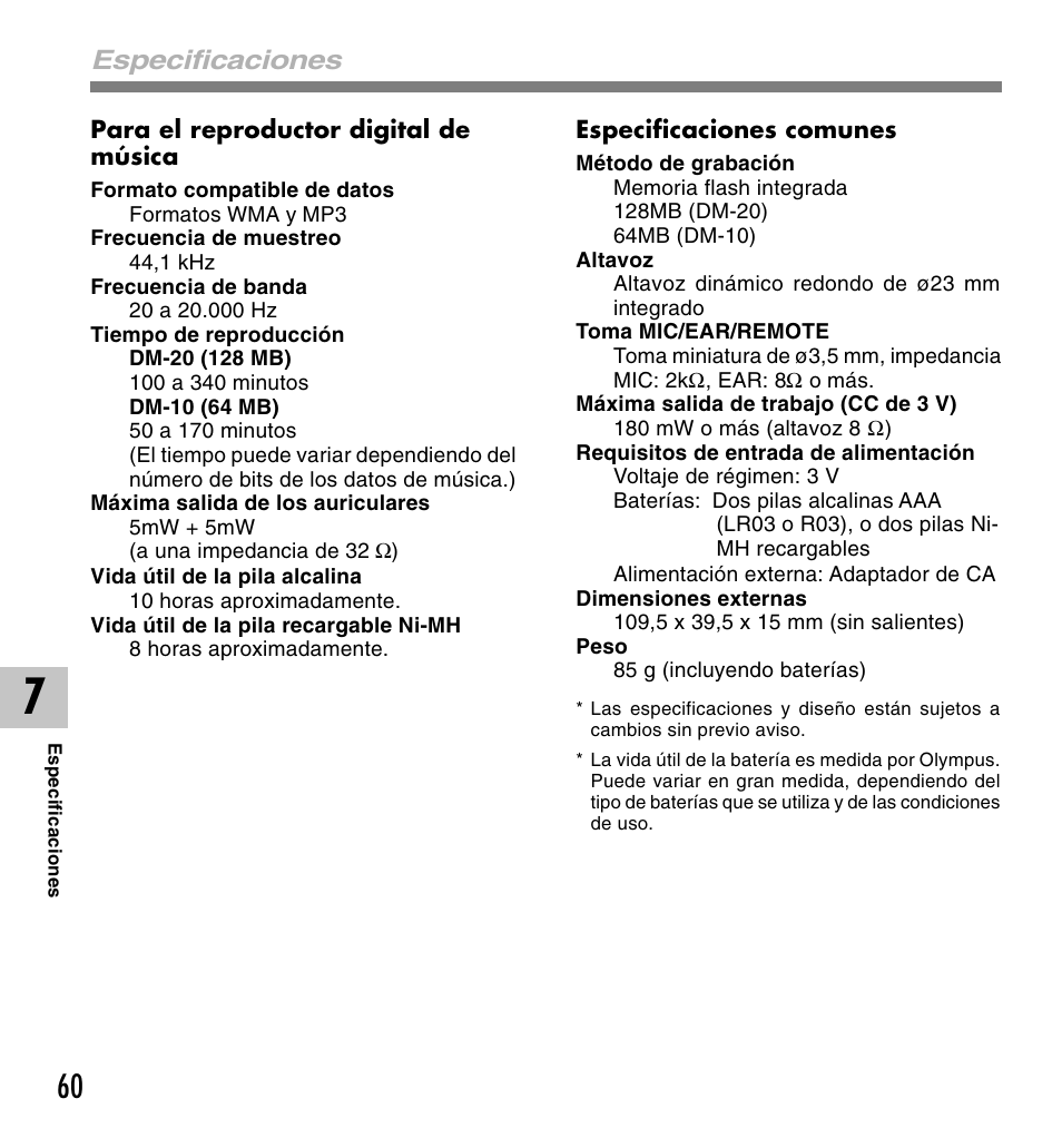 Especificaciones | Olympus DM-20 User Manual | Page 184 / 188