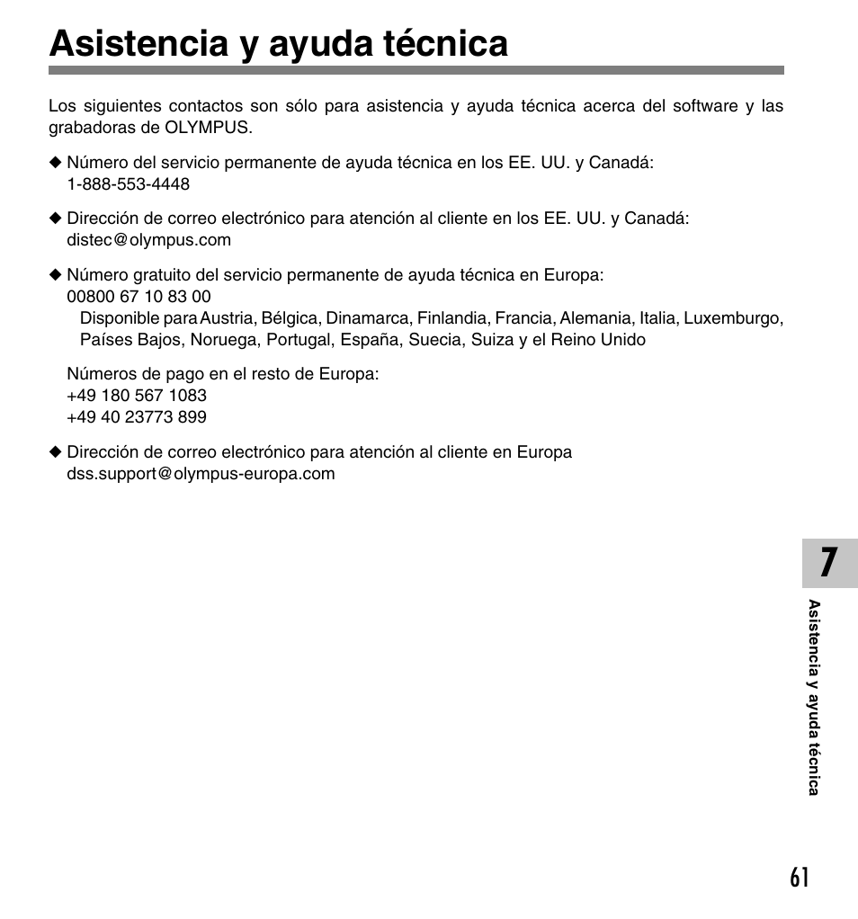 Asistencia y ayuda técnica | Olympus DM-20 User Manual | Page 185 / 188