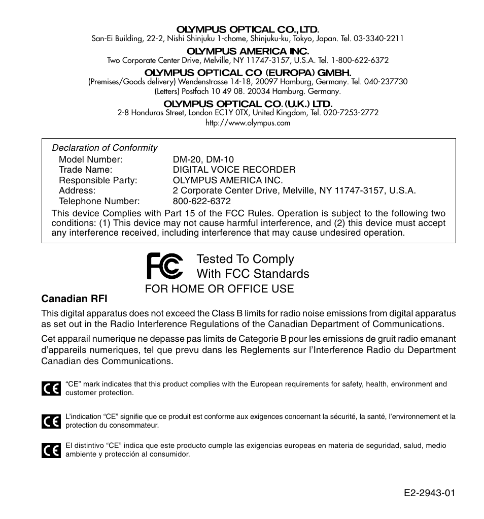 Tested to comply with fcc standards, For home or office use | Olympus DM-20 User Manual | Page 188 / 188