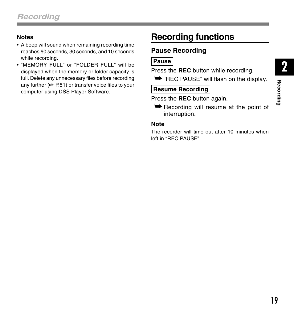Recording functions | Olympus DM-20 User Manual | Page 19 / 188