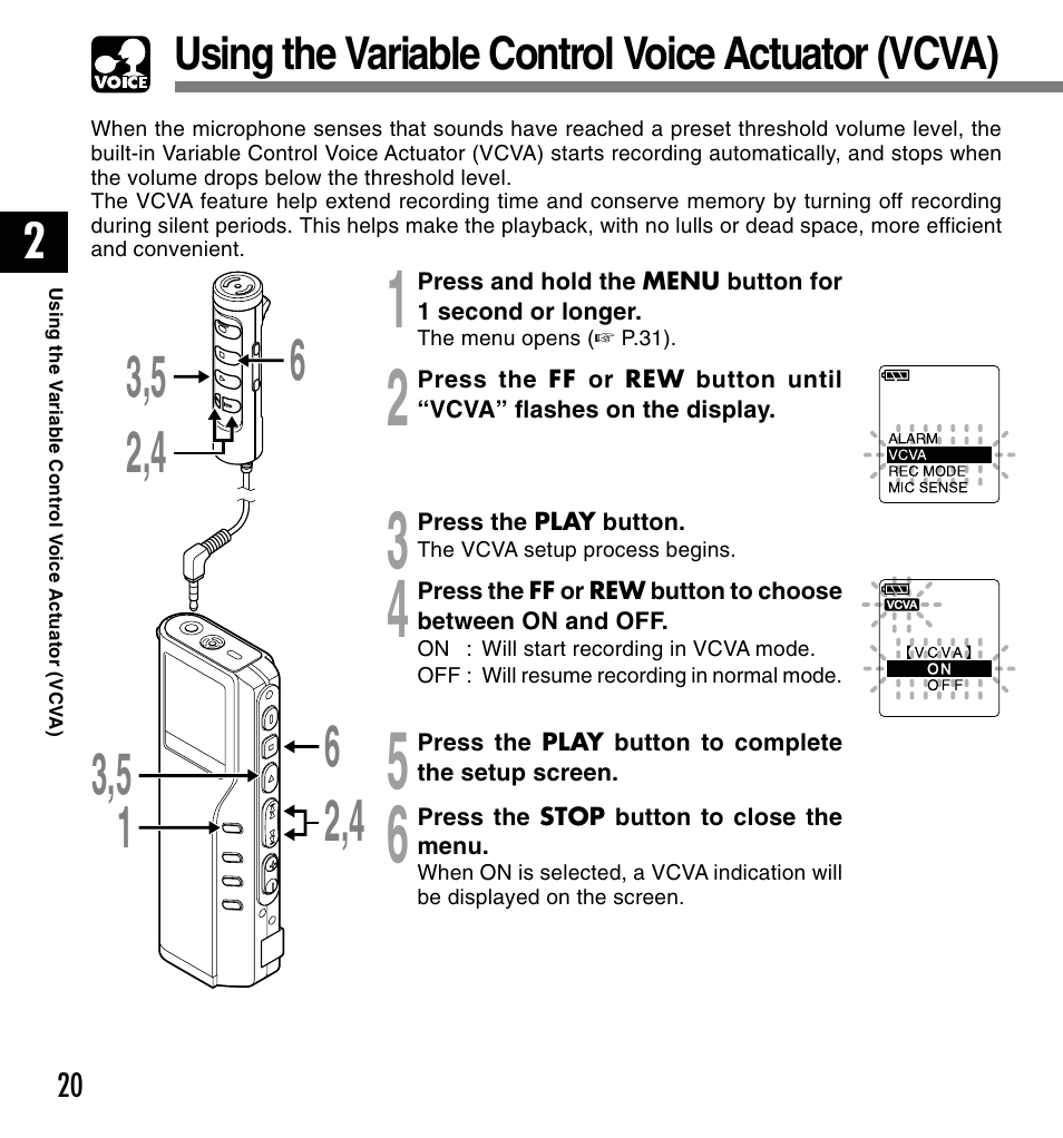 Using the variable control voice actuator (vcva) | Olympus DM-20 User Manual | Page 20 / 188