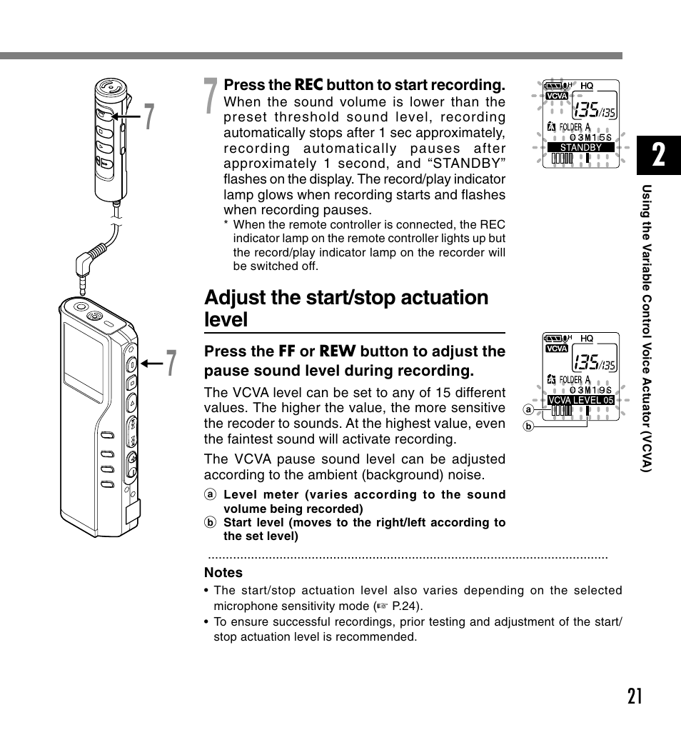 Adjust the start/stop actuation level | Olympus DM-20 User Manual | Page 21 / 188