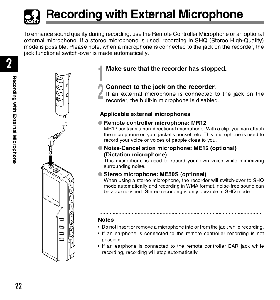 Recording with external microphone | Olympus DM-20 User Manual | Page 22 / 188