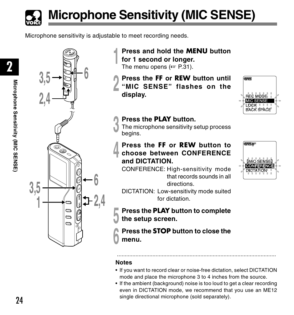 Microphone sensitivity (mic sense) | Olympus DM-20 User Manual | Page 24 / 188