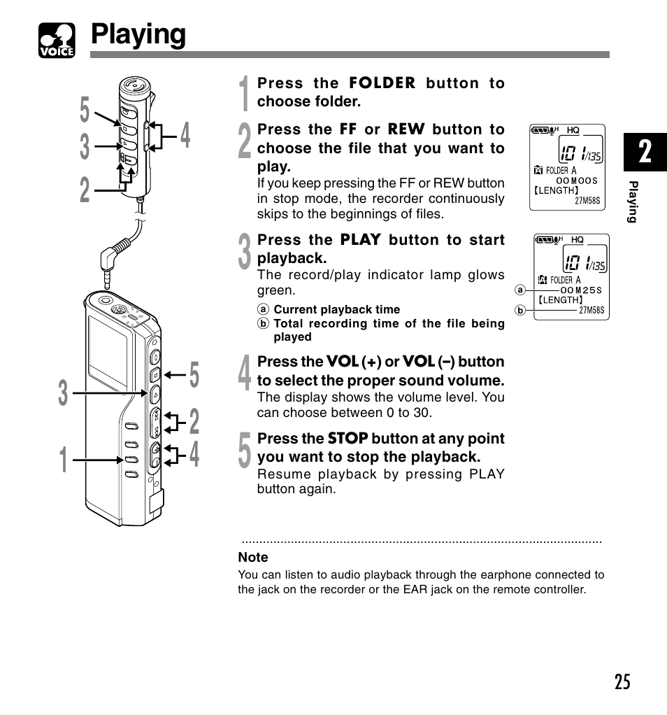 Playing | Olympus DM-20 User Manual | Page 25 / 188