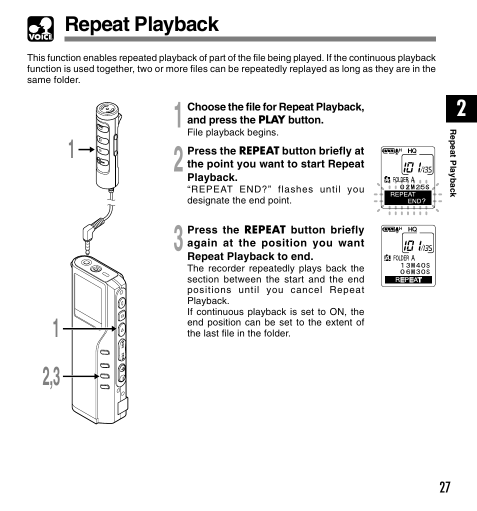 Repeat playback | Olympus DM-20 User Manual | Page 27 / 188
