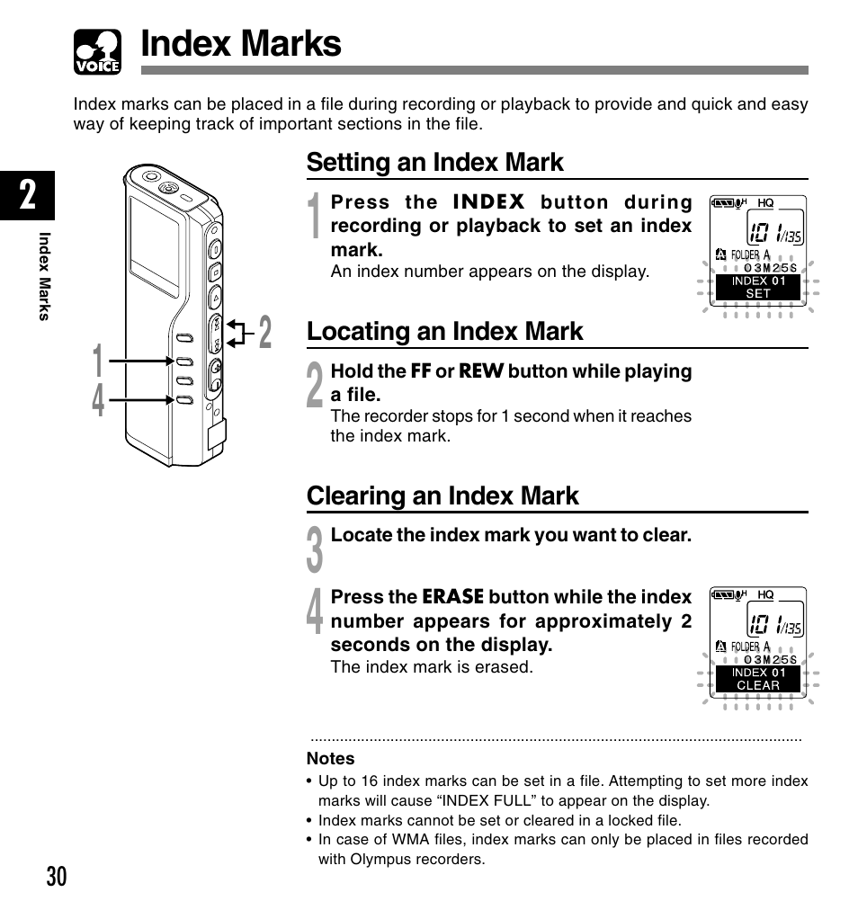 Index marks | Olympus DM-20 User Manual | Page 30 / 188