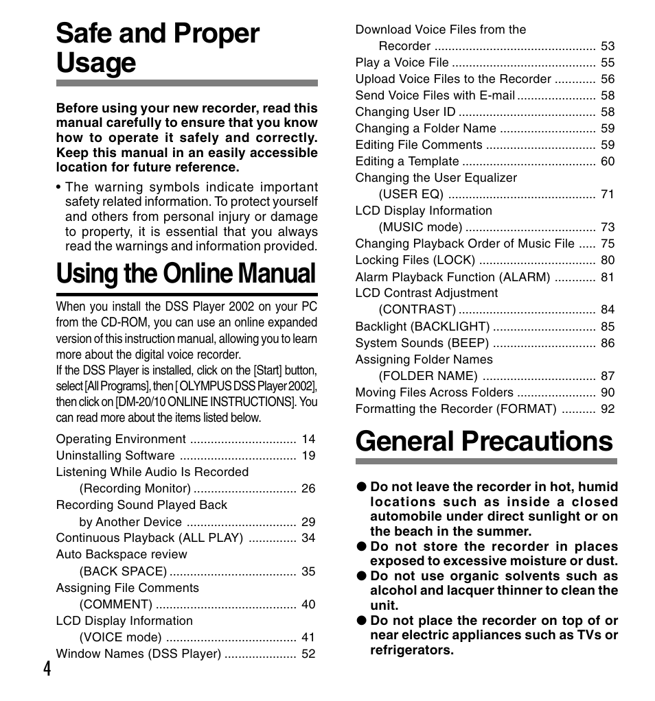 Safe and proper usage, General precautions, Using the online manual | Olympus DM-20 User Manual | Page 4 / 188
