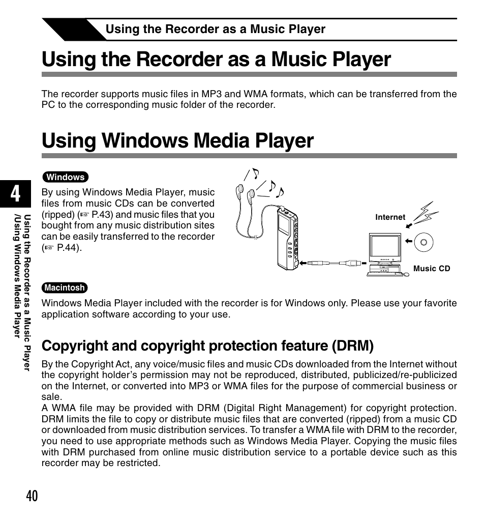 Using the recorder as a music player, Using windows media player, Copyright and copyright protection feature (drm) | Olympus DM-20 User Manual | Page 40 / 188