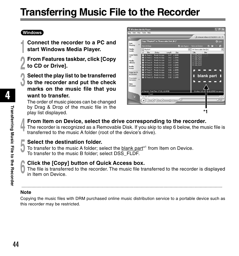 Transferring music file to the recorder | Olympus DM-20 User Manual | Page 44 / 188