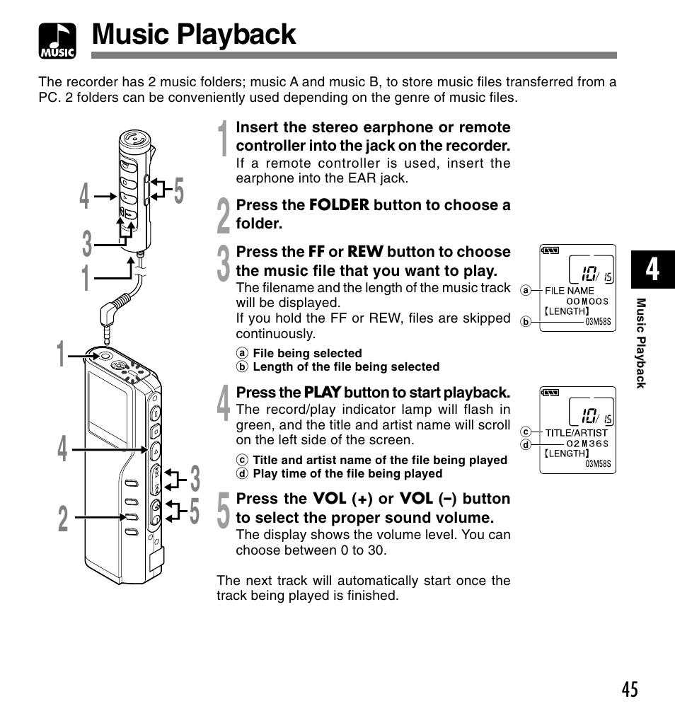 Music playback | Olympus DM-20 User Manual | Page 45 / 188