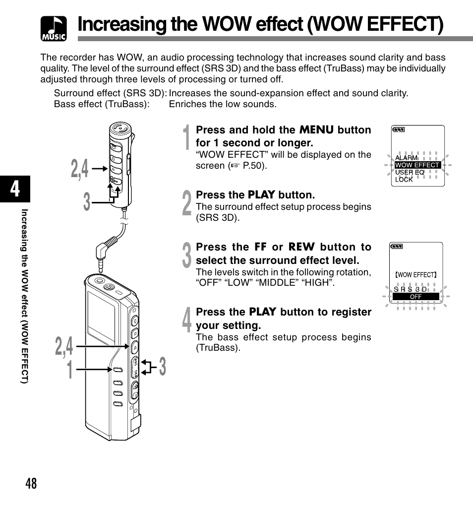 Increasing the wow effect (wow effect) | Olympus DM-20 User Manual | Page 48 / 188