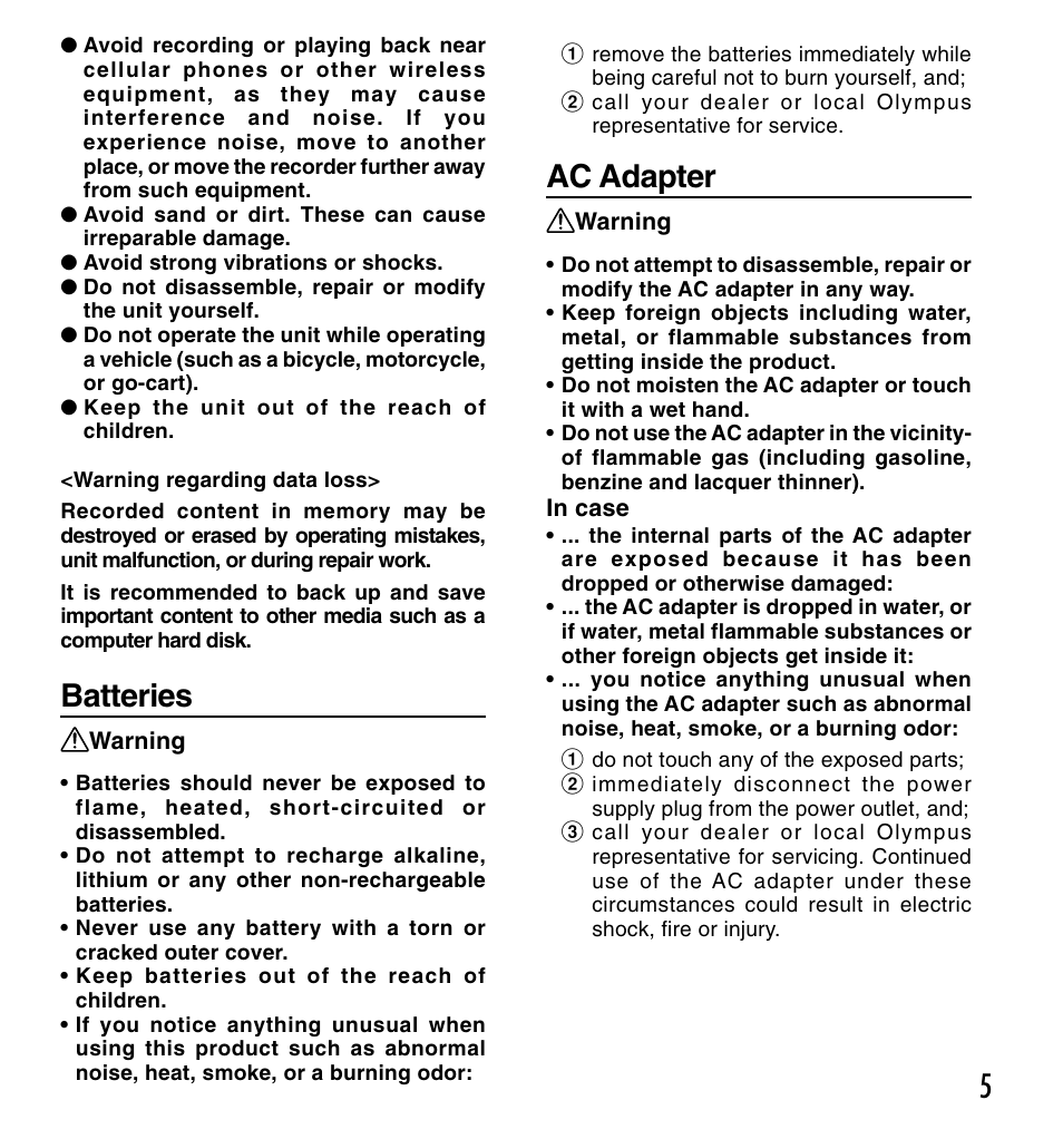5batteries, Ac adapter | Olympus DM-20 User Manual | Page 5 / 188