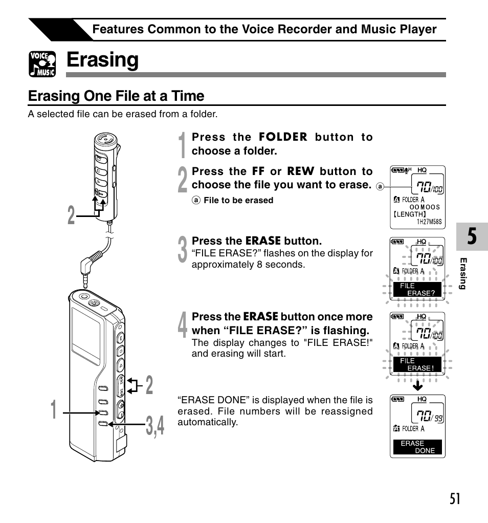 Erasing | Olympus DM-20 User Manual | Page 51 / 188