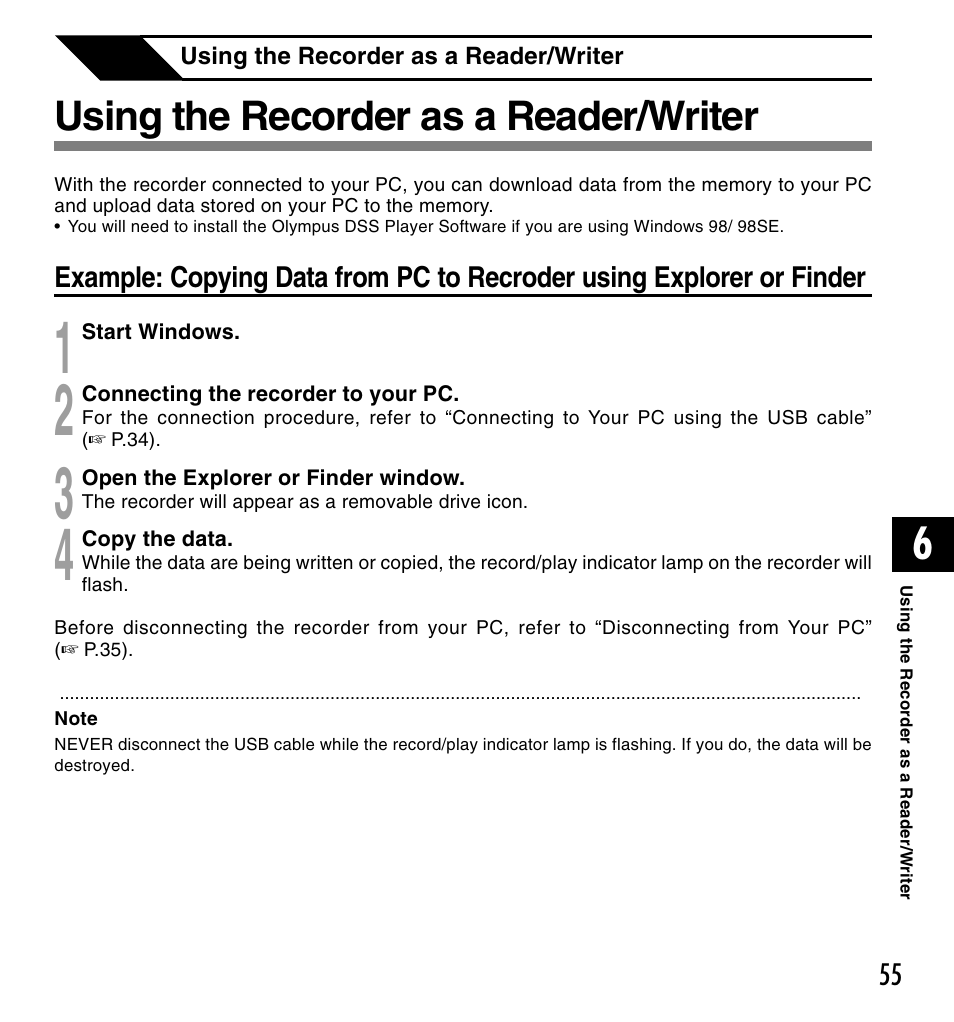 Using the recorder as a reader/writer | Olympus DM-20 User Manual | Page 55 / 188