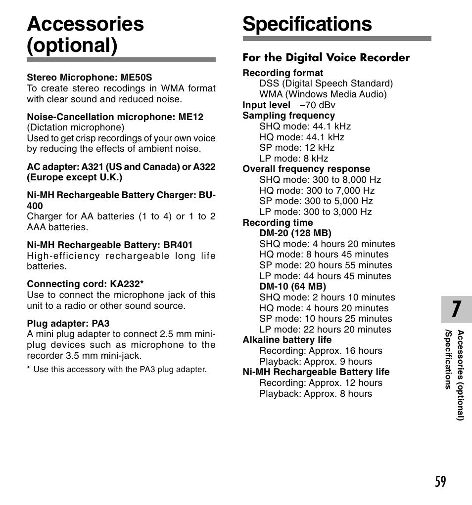 Accessories (optional), Specifications | Olympus DM-20 User Manual | Page 59 / 188