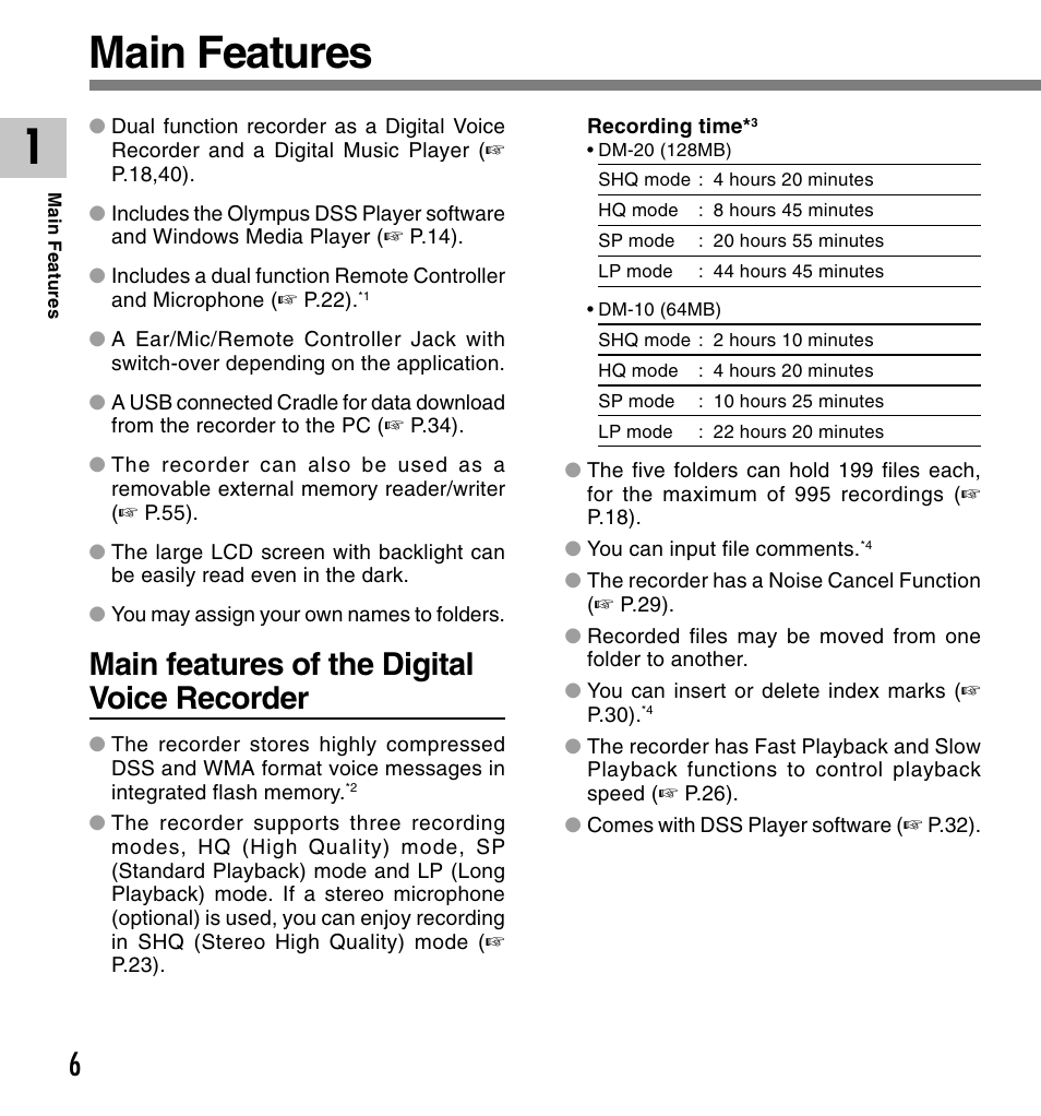 Main features, Main features of the digital voice recorder | Olympus DM-20 User Manual | Page 6 / 188