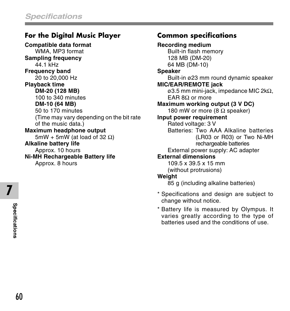 Specifications | Olympus DM-20 User Manual | Page 60 / 188