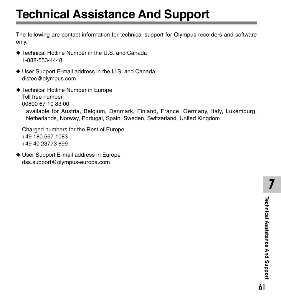 Technical assistance and support | Olympus DM-20 User Manual | Page 61 / 188
