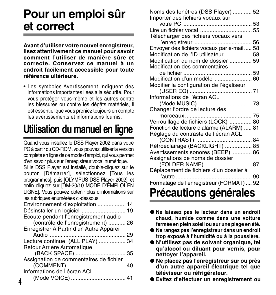 Pour un emploi sûr et correct, Utilisation du manuel en ligne, Précautions générales | Olympus DM-20 User Manual | Page 66 / 188
