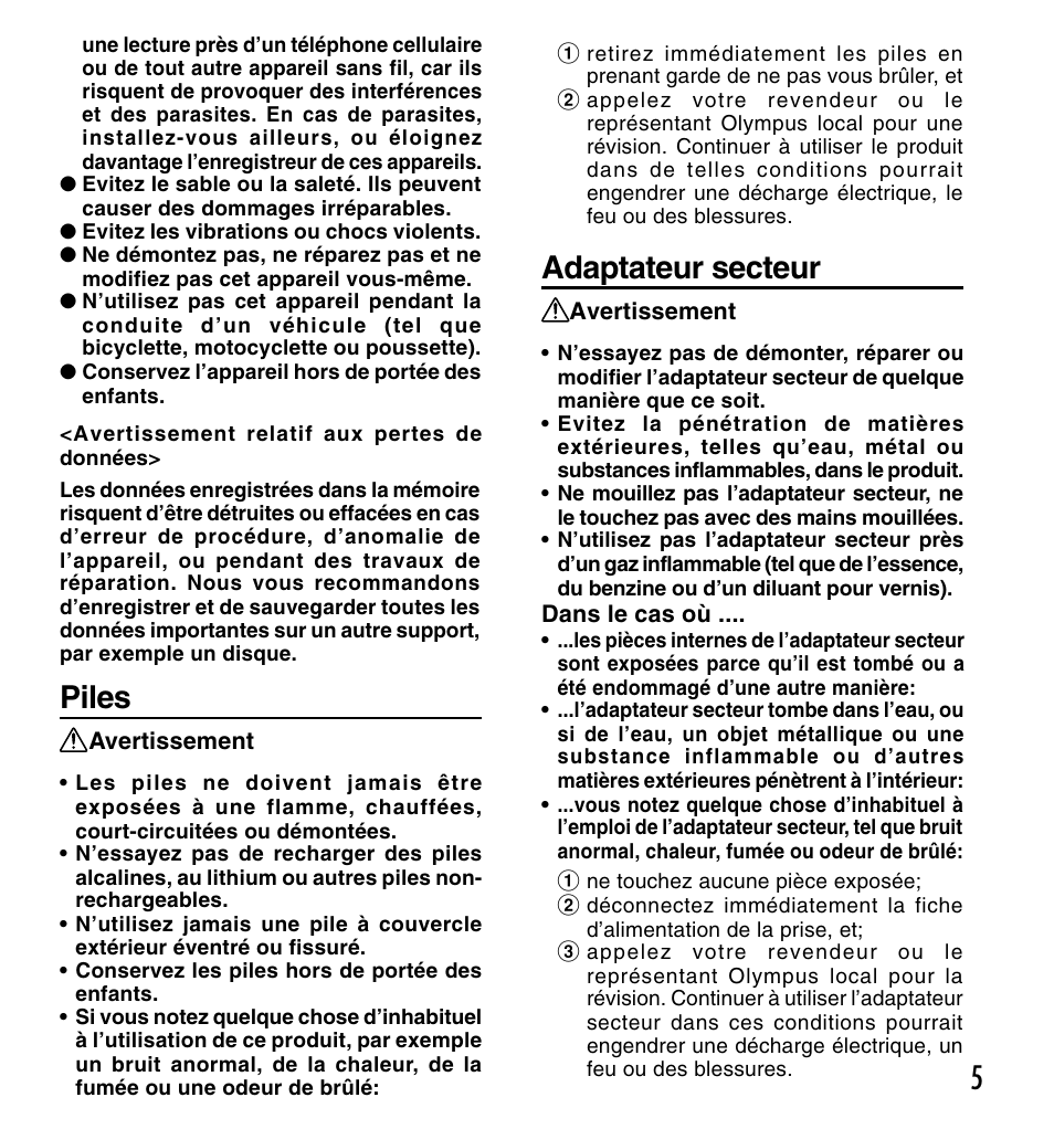 5piles, Adaptateur secteur | Olympus DM-20 User Manual | Page 67 / 188