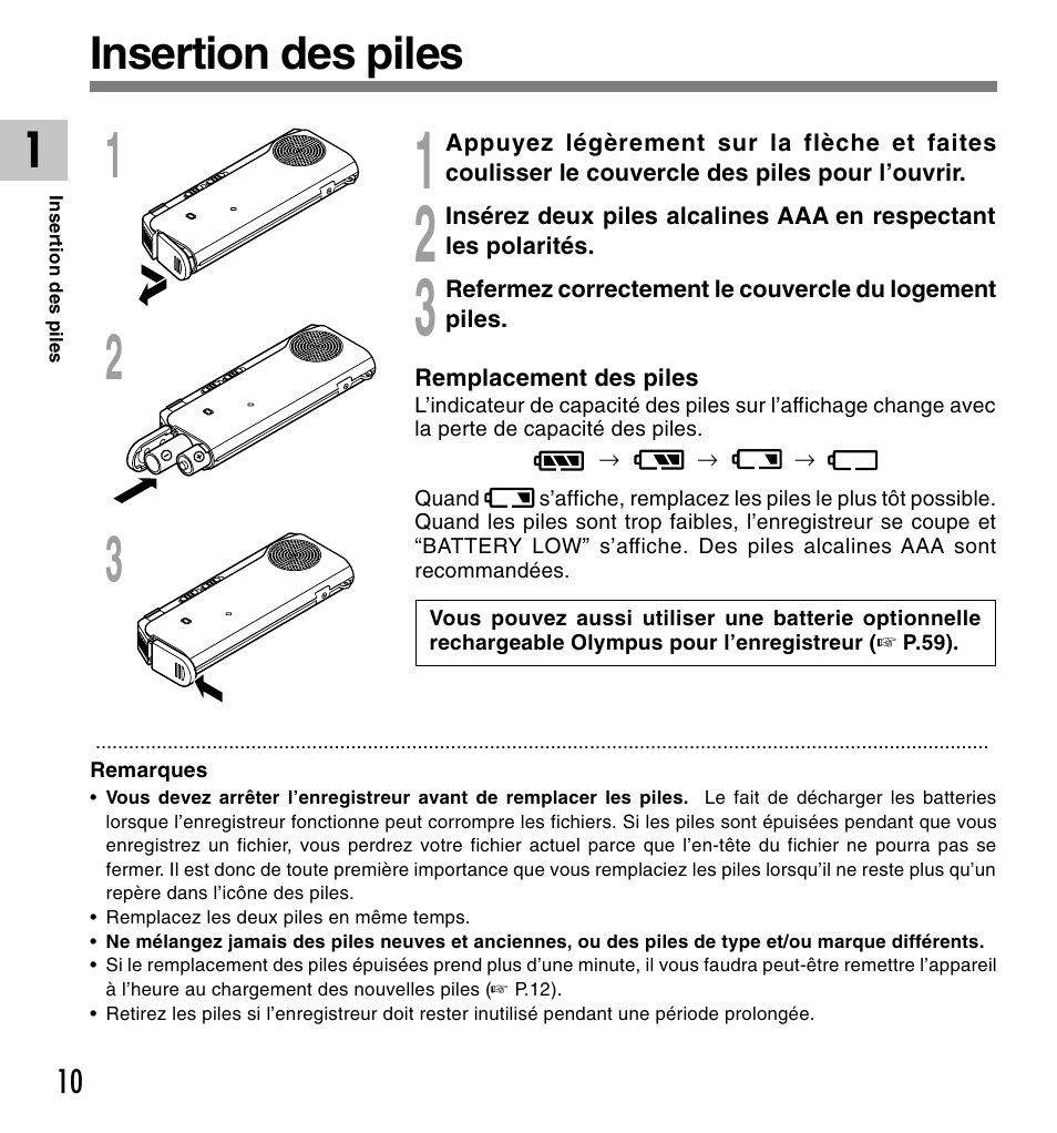 Insertion des piles | Olympus DM-20 User Manual | Page 72 / 188