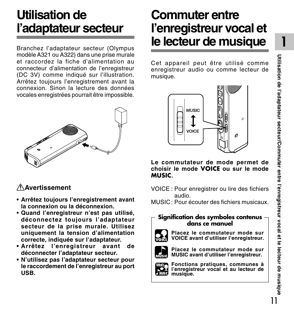 Utilisation de l’adaptateur secteur | Olympus DM-20 User Manual | Page 73 / 188