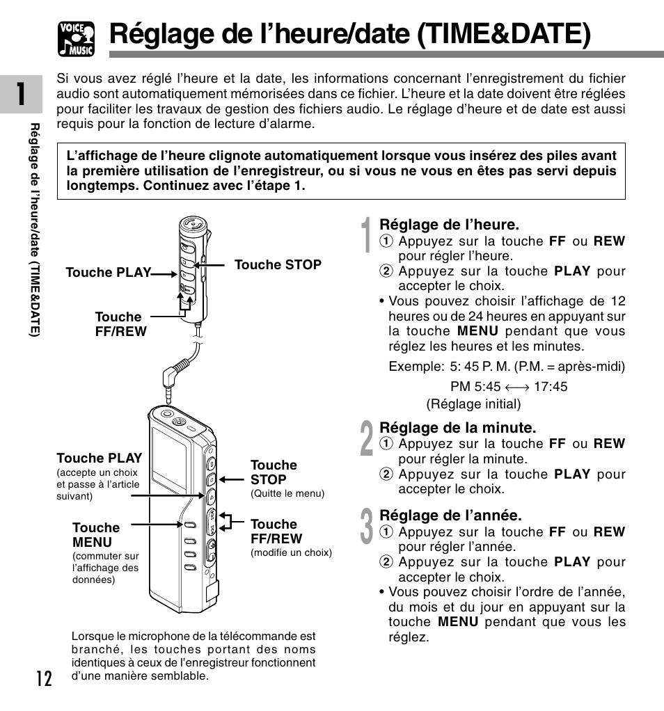 Réglage de l’heure/date (time&date) | Olympus DM-20 User Manual | Page 74 / 188