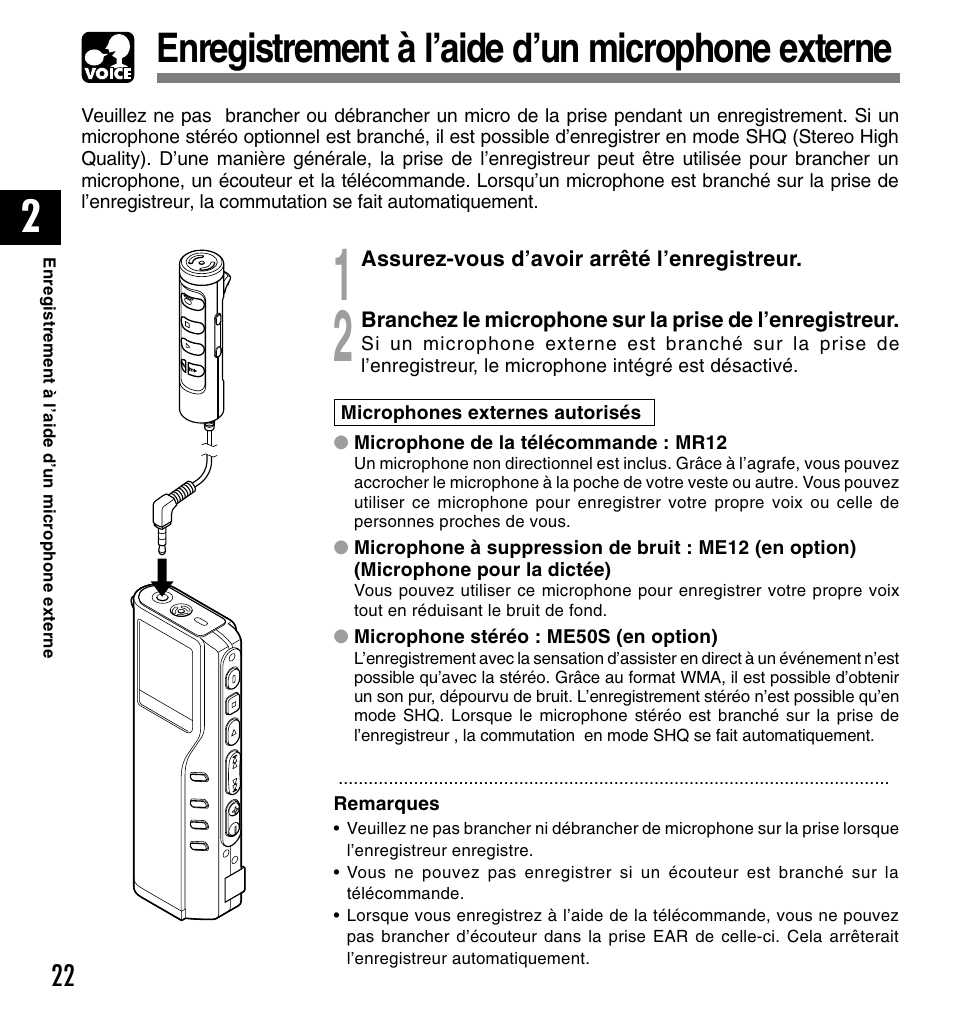 Enregistrement à l’aide d’un microphone externe | Olympus DM-20 User Manual | Page 84 / 188