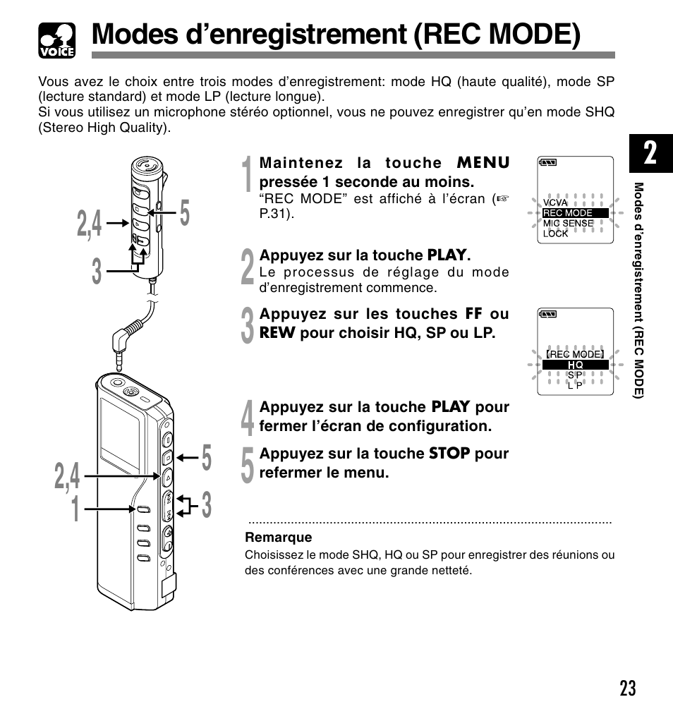 Modes d’enregistrement (rec mode) | Olympus DM-20 User Manual | Page 85 / 188