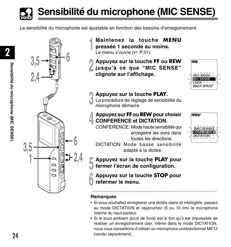 Sensibilité du microphone (mic sense) | Olympus DM-20 User Manual | Page 86 / 188