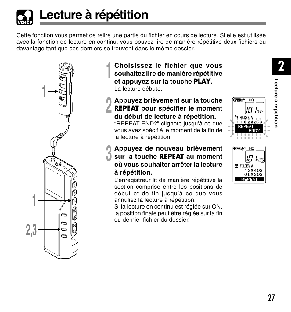 Lecture à répétition | Olympus DM-20 User Manual | Page 89 / 188