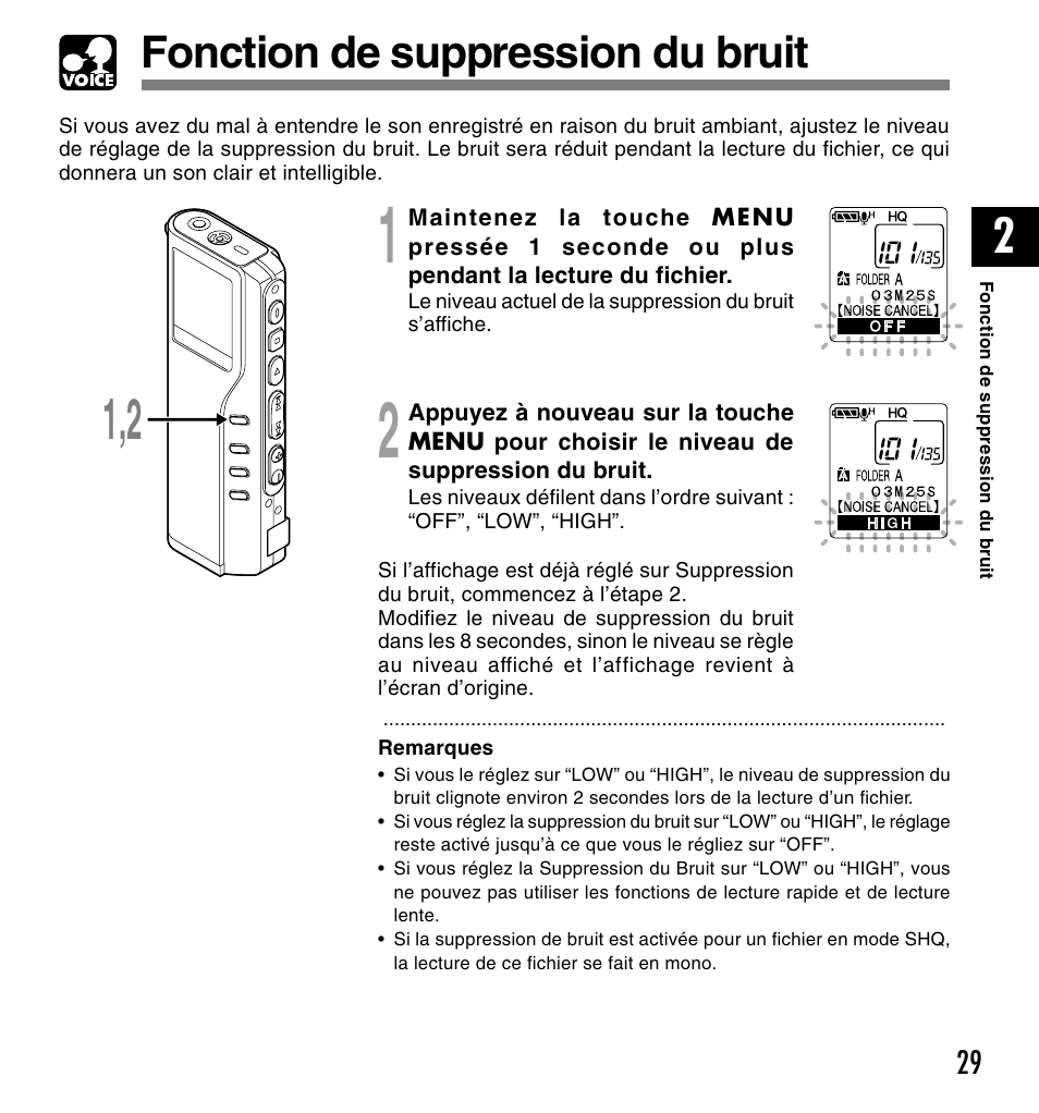 Fonction de suppression du bruit | Olympus DM-20 User Manual | Page 91 / 188