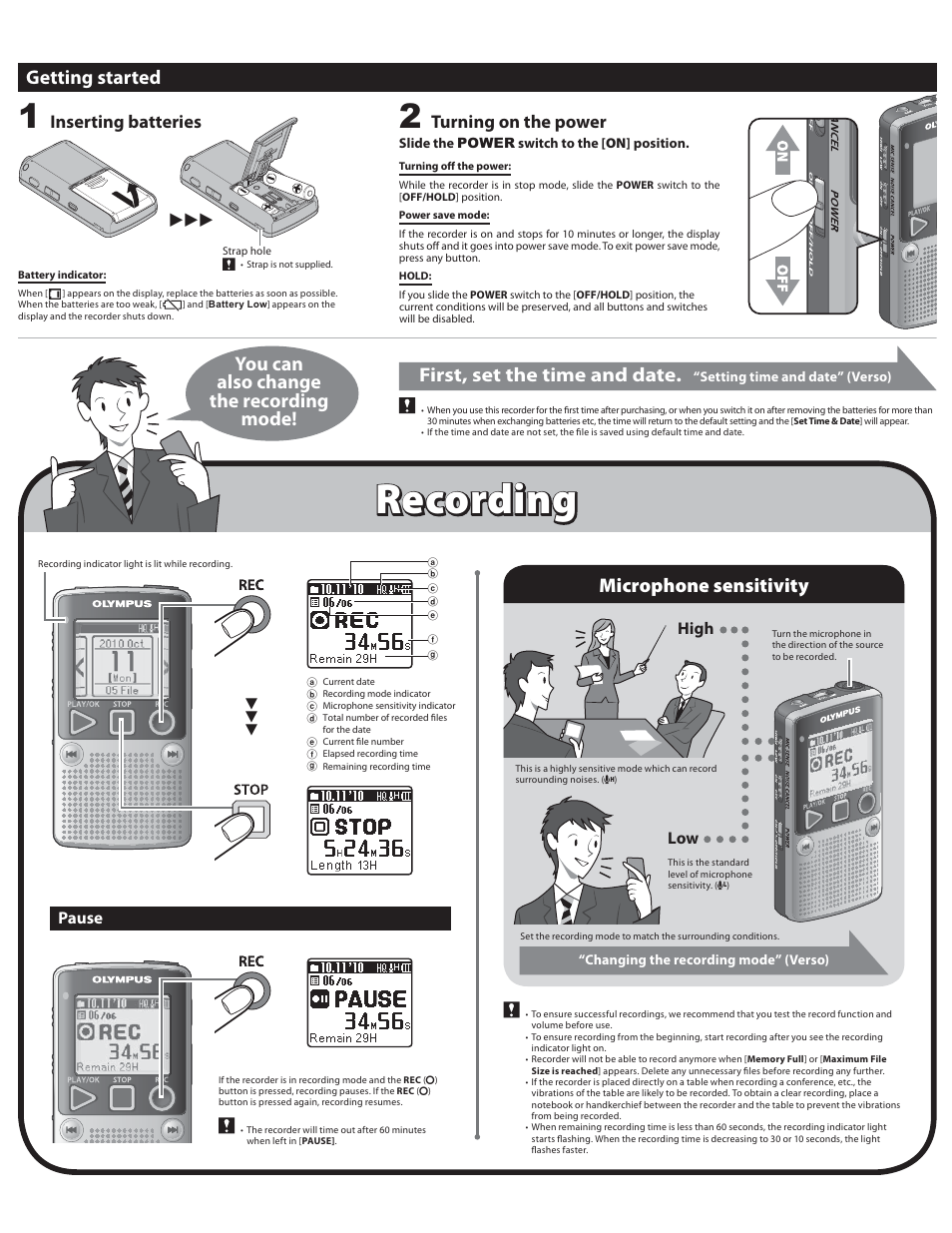 Recording, Playback, Getting started | First, set the time and date, Microphone sensitivity, You can also change the recording mode, Inserting batteries, Turning on the power | Olympus DP-10 User Manual | Page 2 / 6