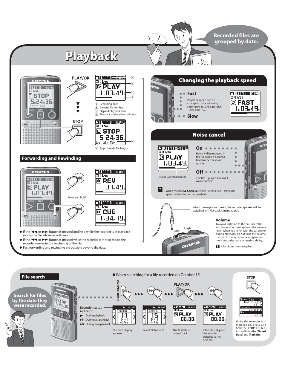 Recording, Playback, Changing the playback speed noise cancel | Recorded files are grouped by date | Olympus DP-10 User Manual | Page 3 / 6