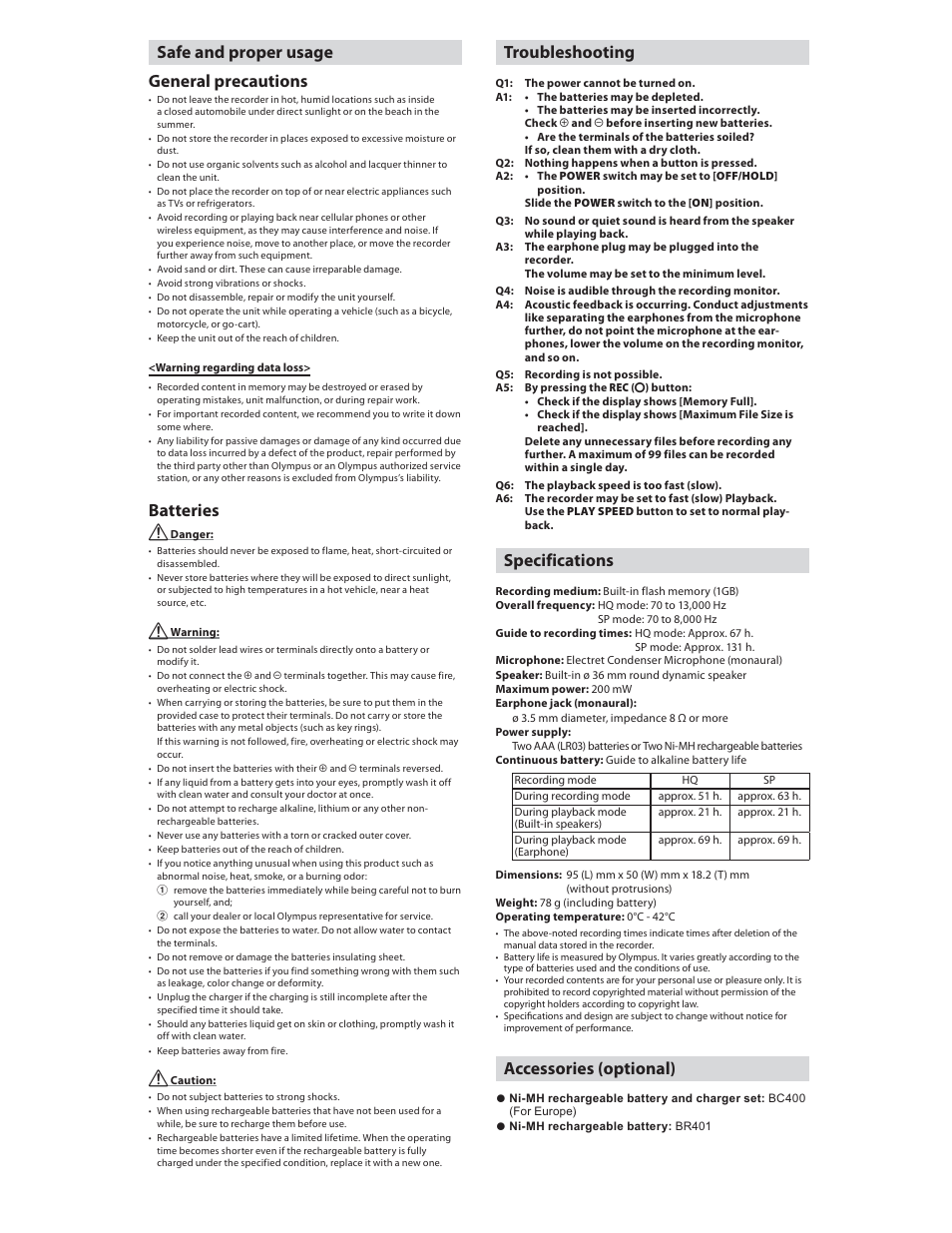 Erase, Safe and proper usage general precautions, Batteries | Troubleshooting specifications, Accessories (optional) | Olympus DP-10 User Manual | Page 6 / 6