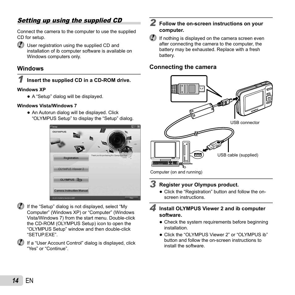 14 en, Setting up using the supplied cd | Olympus T-10 User Manual | Page 14 / 71