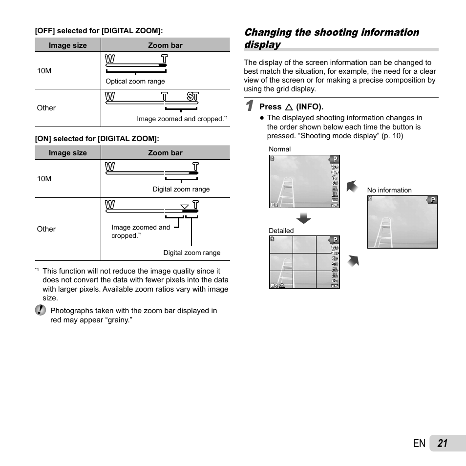 21 en, Changing the shooting information display, Press f (info) | Olympus T-10 User Manual | Page 21 / 71