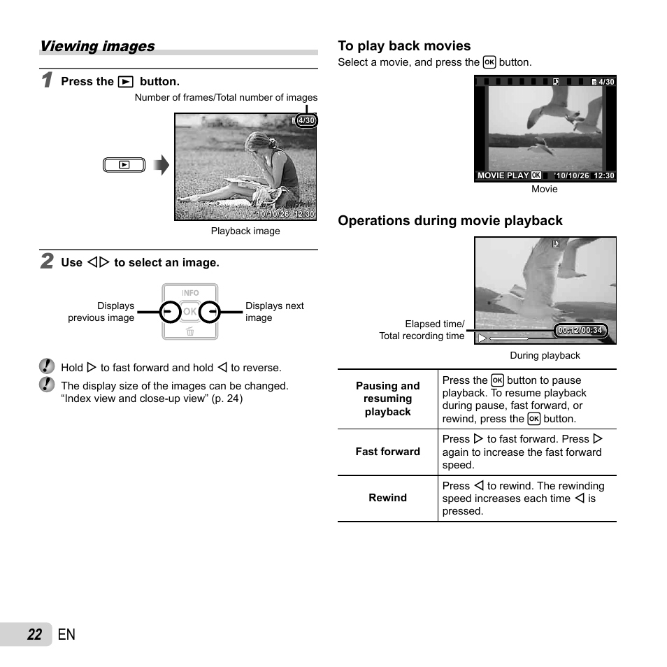 22 en, Viewing images, Operations during movie playback | Olympus T-10 User Manual | Page 22 / 71