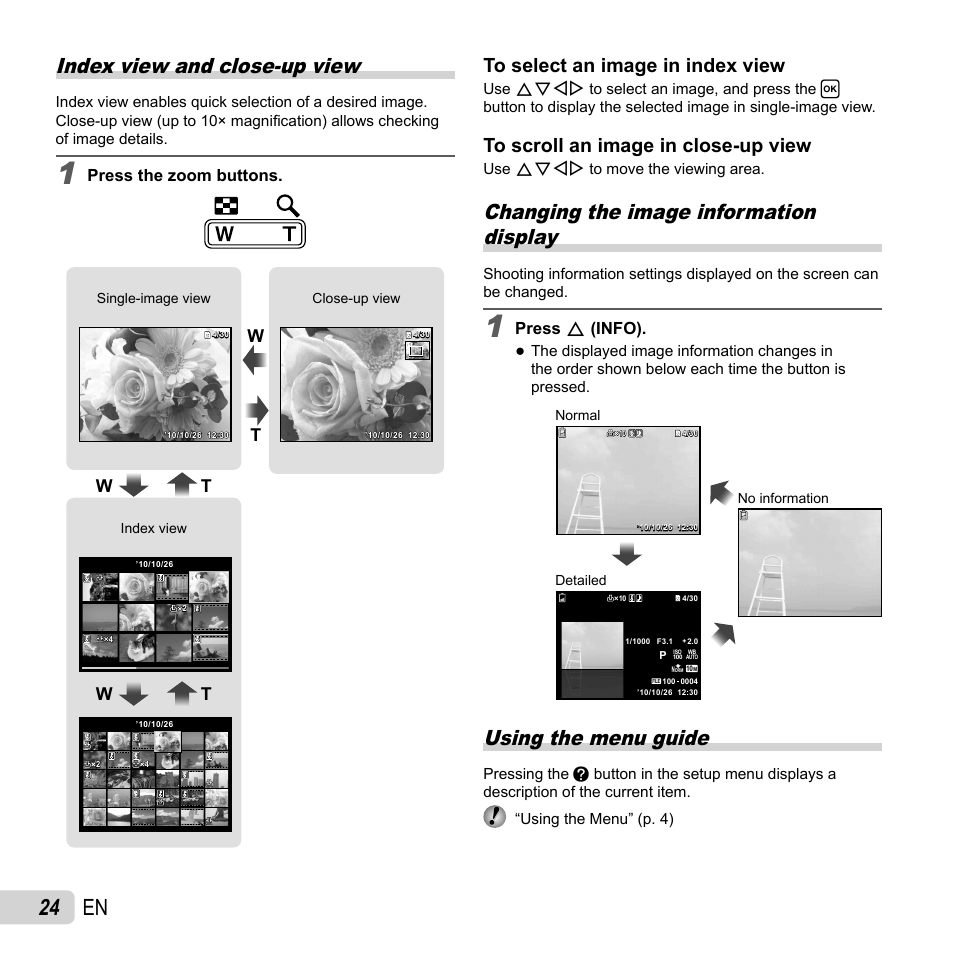 24 en, Index view and close-up view, Changing the image information display | Using the menu guide, Press the zoom buttons, Press f (info) | Olympus T-10 User Manual | Page 24 / 71