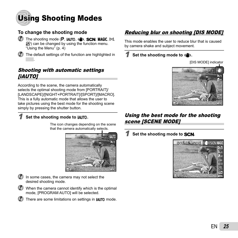 Using shooting modes, 25 en, Shooting with automatic settings [iauto | Reducing blur on shooting [dis mode | Olympus T-10 User Manual | Page 25 / 71