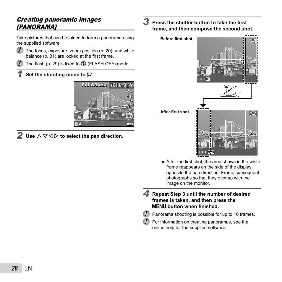 28 en, Creating panoramic images [panorama | Olympus T-10 User Manual | Page 28 / 71