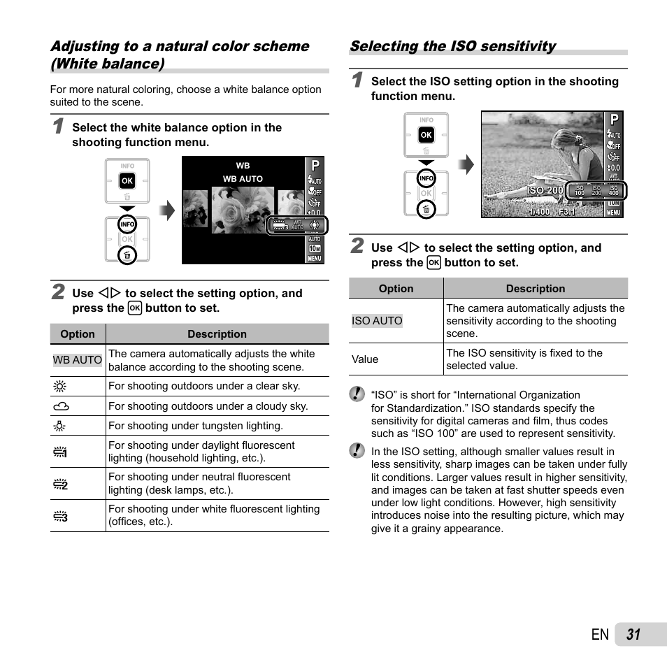 31 en, Selecting the iso sensitivity | Olympus T-10 User Manual | Page 31 / 71