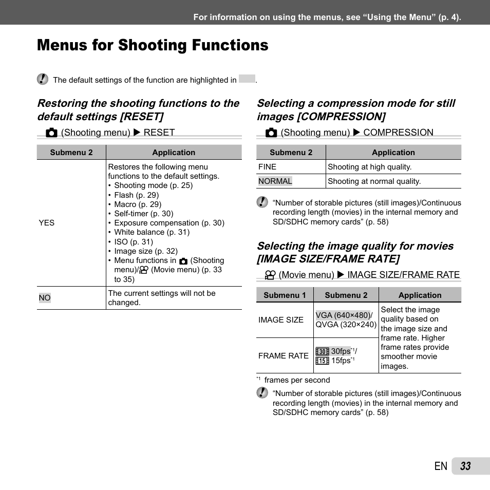 Menus for shooting functions, 33 en | Olympus T-10 User Manual | Page 33 / 71
