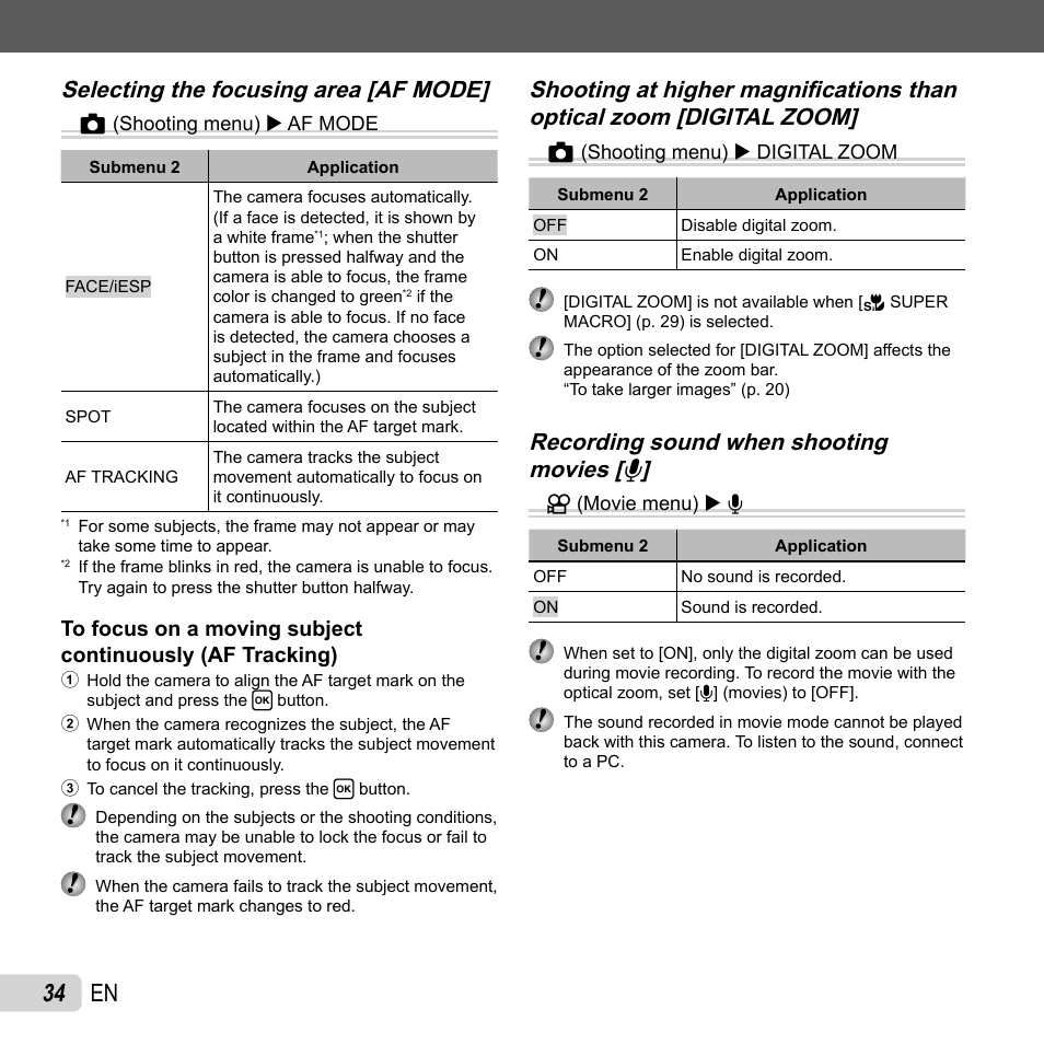 34 en, Selecting the focusing area [af mode, Selecting the focusing area [af mode] z | Olympus T-10 User Manual | Page 34 / 71