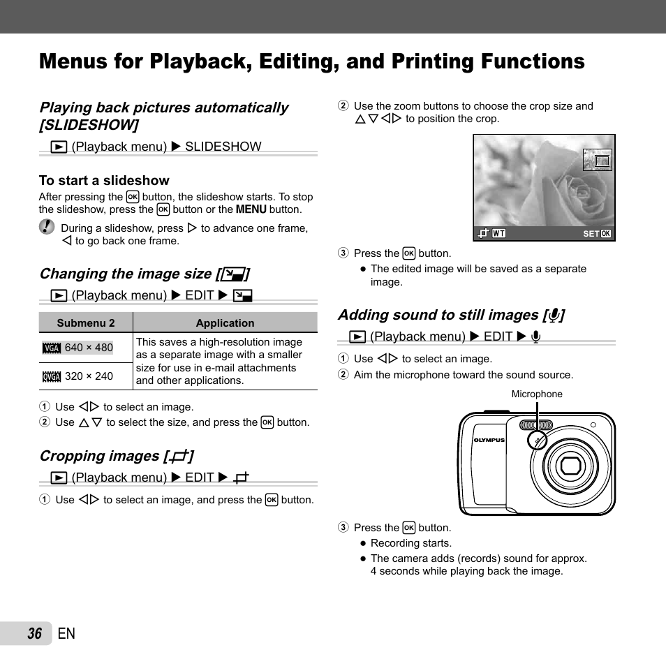 36 en, Changing the image size, Changing the image size [ q q | Cropping images, Cropping images [ p p | Olympus T-10 User Manual | Page 36 / 71