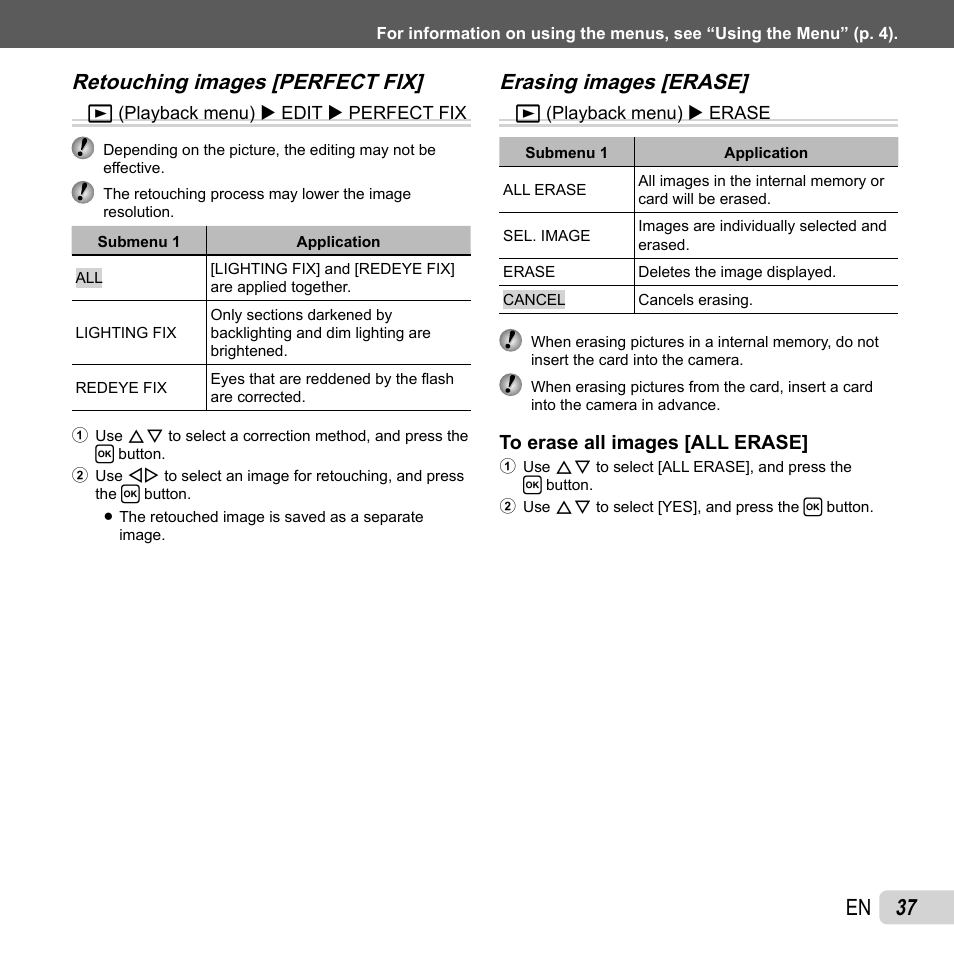 37 en, Retouching images [perfect fix, Erasing images [erase | Olympus T-10 User Manual | Page 37 / 71