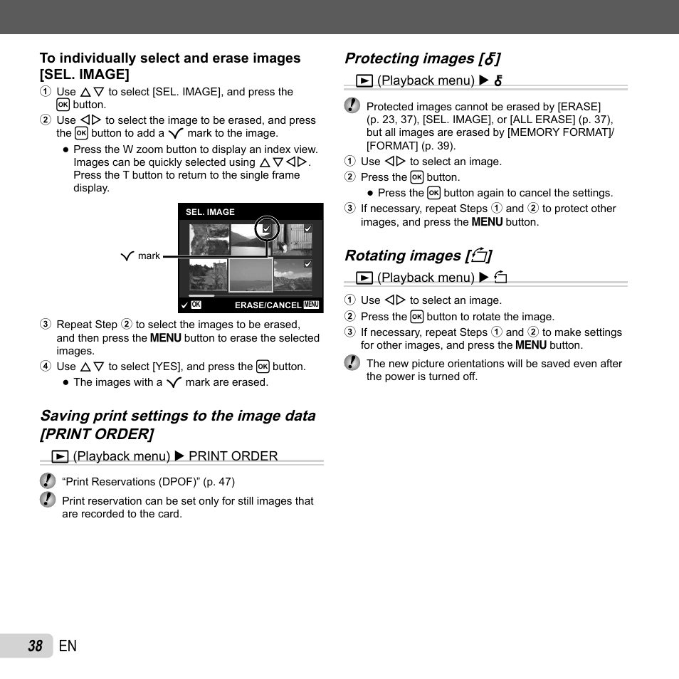 38 en, Protecting images [ protecting images, Rotating images [ rotating images [ y y | Olympus T-10 User Manual | Page 38 / 71